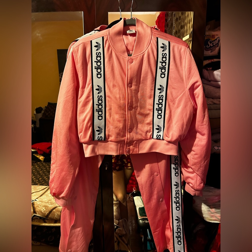 Adidas Snap Pink Breakway Pants and Jacket with Bold Branding